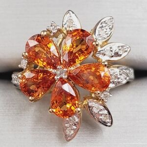 10k Solid Yellow Gold Genuine Spessartite Mandarin Garnet & Diamond Flower Ring